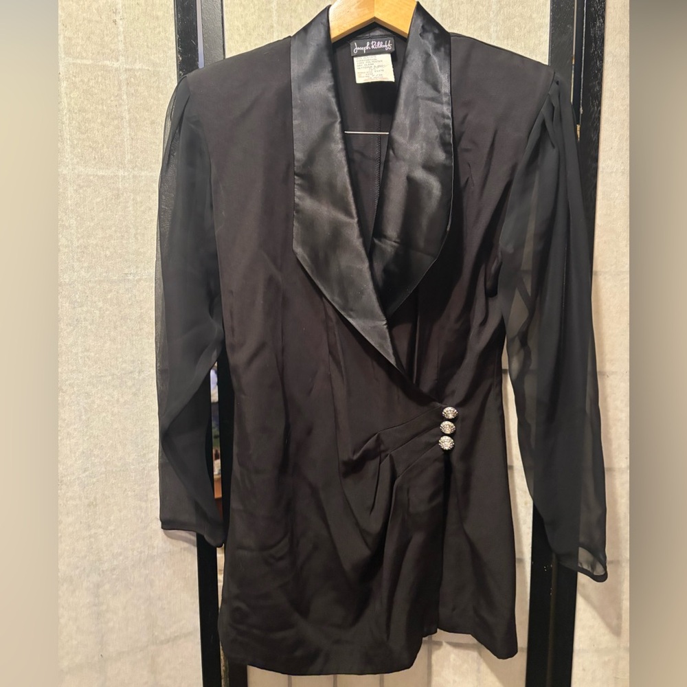 JOSEPH RIBKOFF Vintage Lightweight Tuxedo Blazer Mesh Sleeves, Satin-Like Lapel